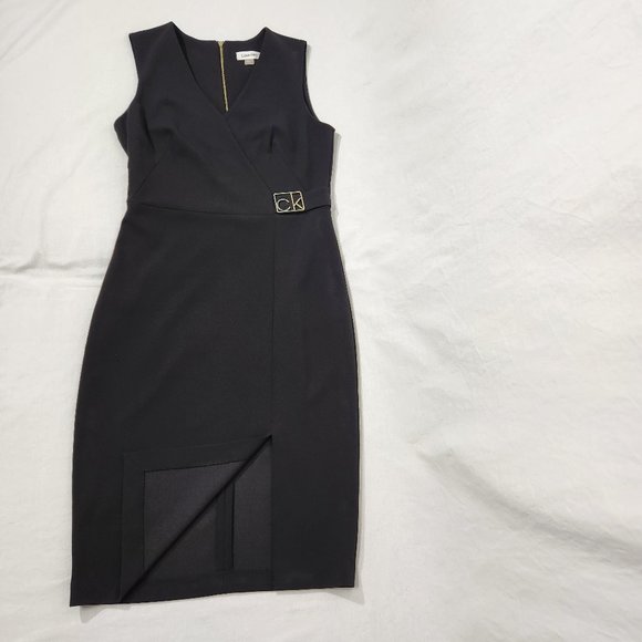 CALVIN KLEIN Minimalist Stretchy Sleeveless Gold MK Black Dress Size 6 LIKE NEW! - Picture 6 of 16
